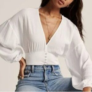 Abercrombie & Fitch White Long Sleeve V-Neck Top Size Small